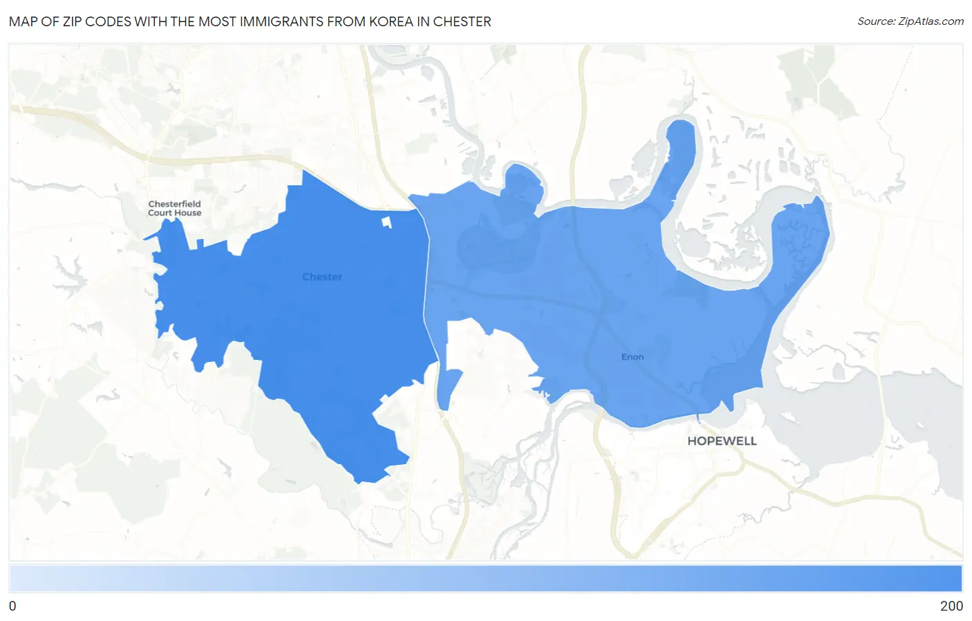 Zip Codes with the Most Immigrants from Korea in Chester Map