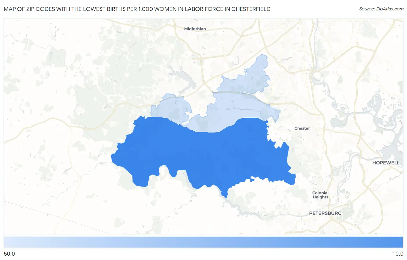 Zip Codes with the Lowest Births per 1,000 Women in Labor Force in Chesterfield Map