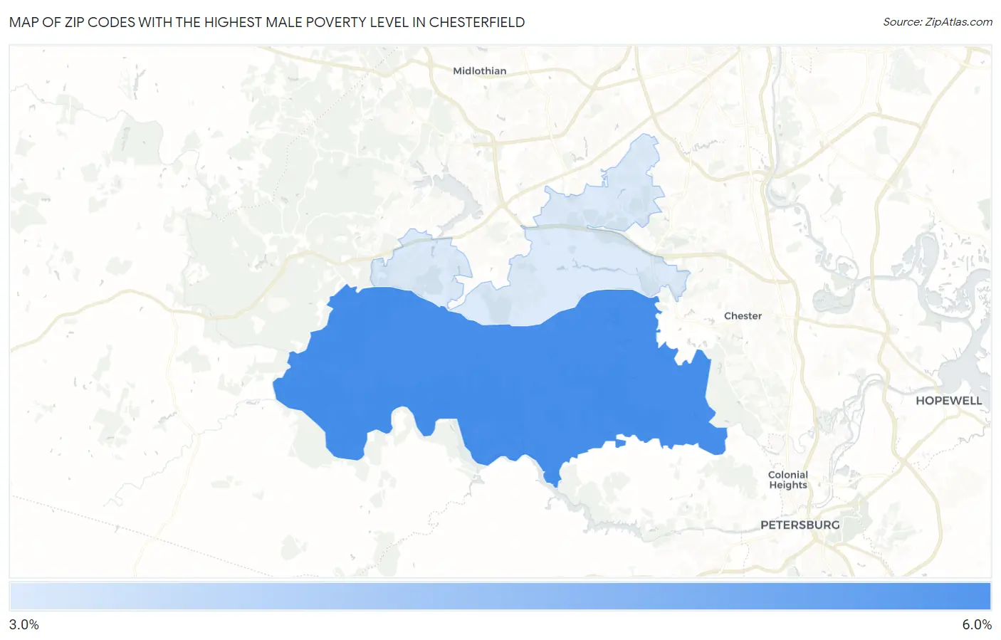 Zip Codes with the Highest Male Poverty Level in Chesterfield Map