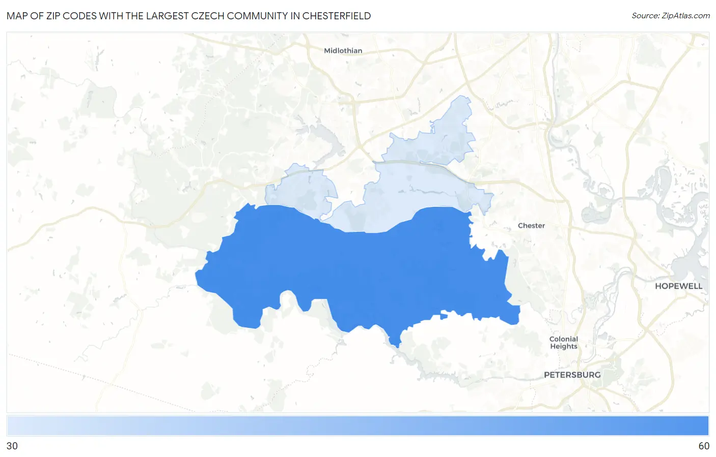 Zip Codes with the Largest Czech Community in Chesterfield Map