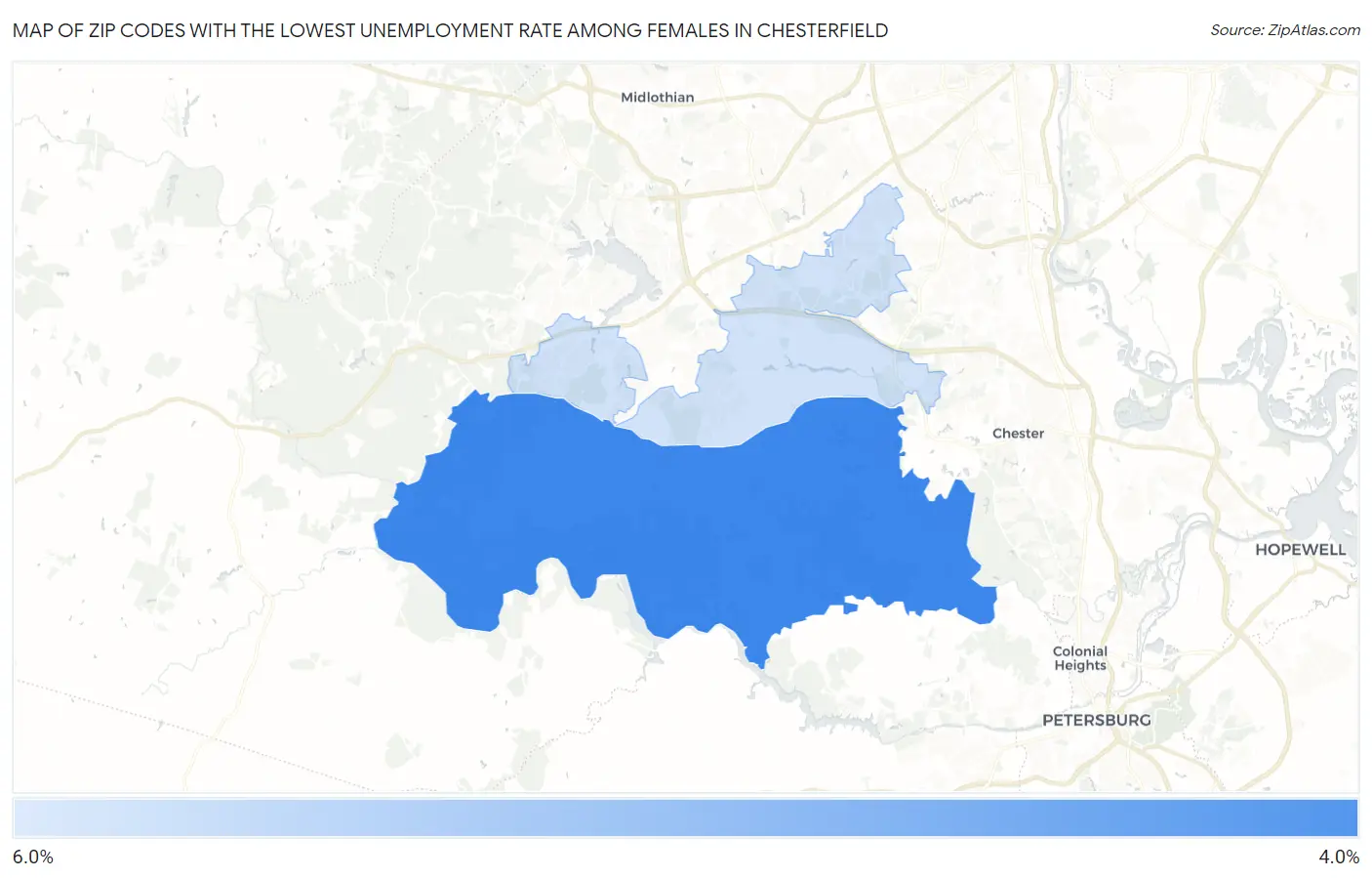 Zip Codes with the Lowest Unemployment Rate Among Females in Chesterfield Map