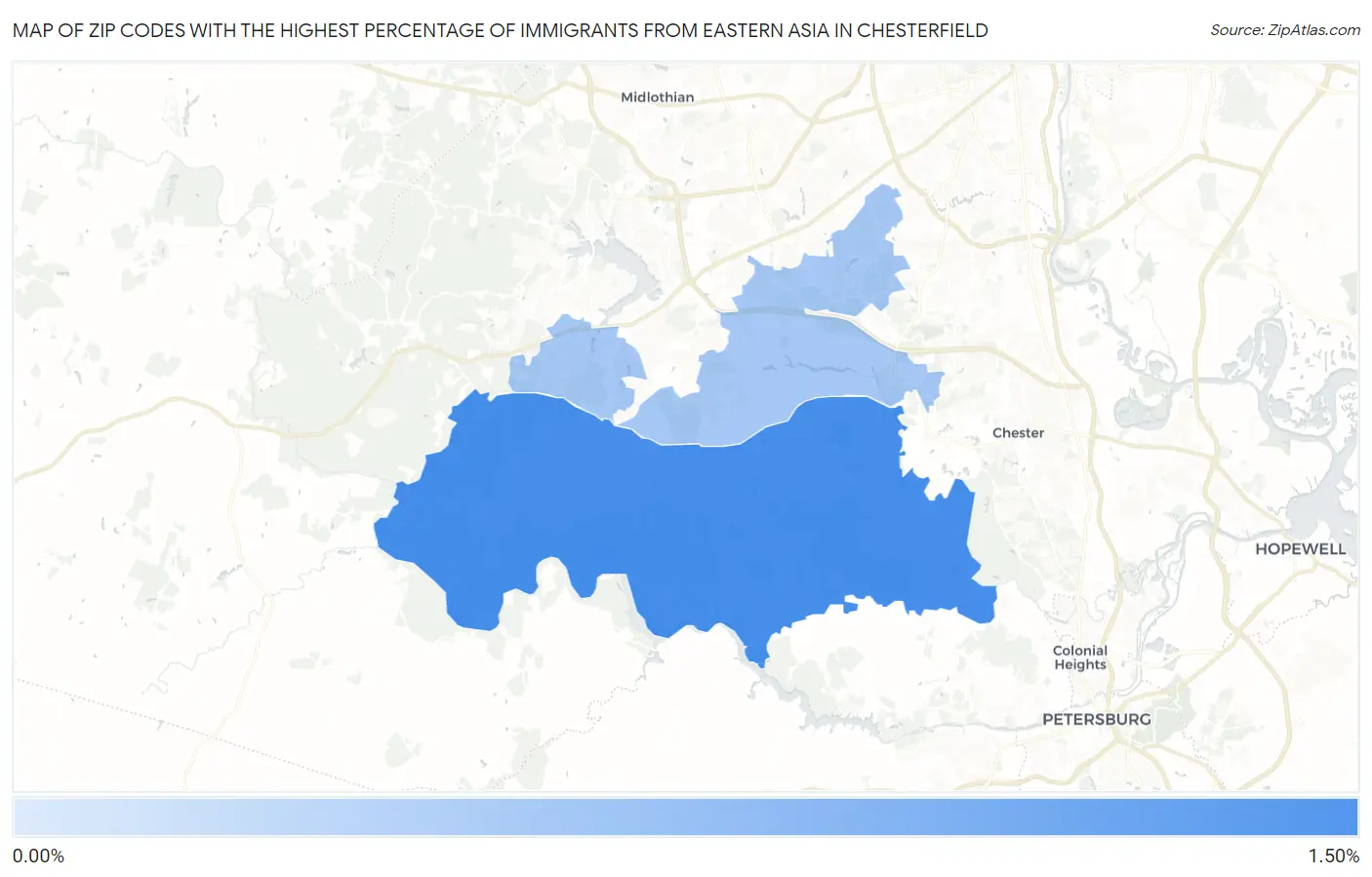 Zip Codes with the Highest Percentage of Immigrants from Eastern Asia in Chesterfield Map