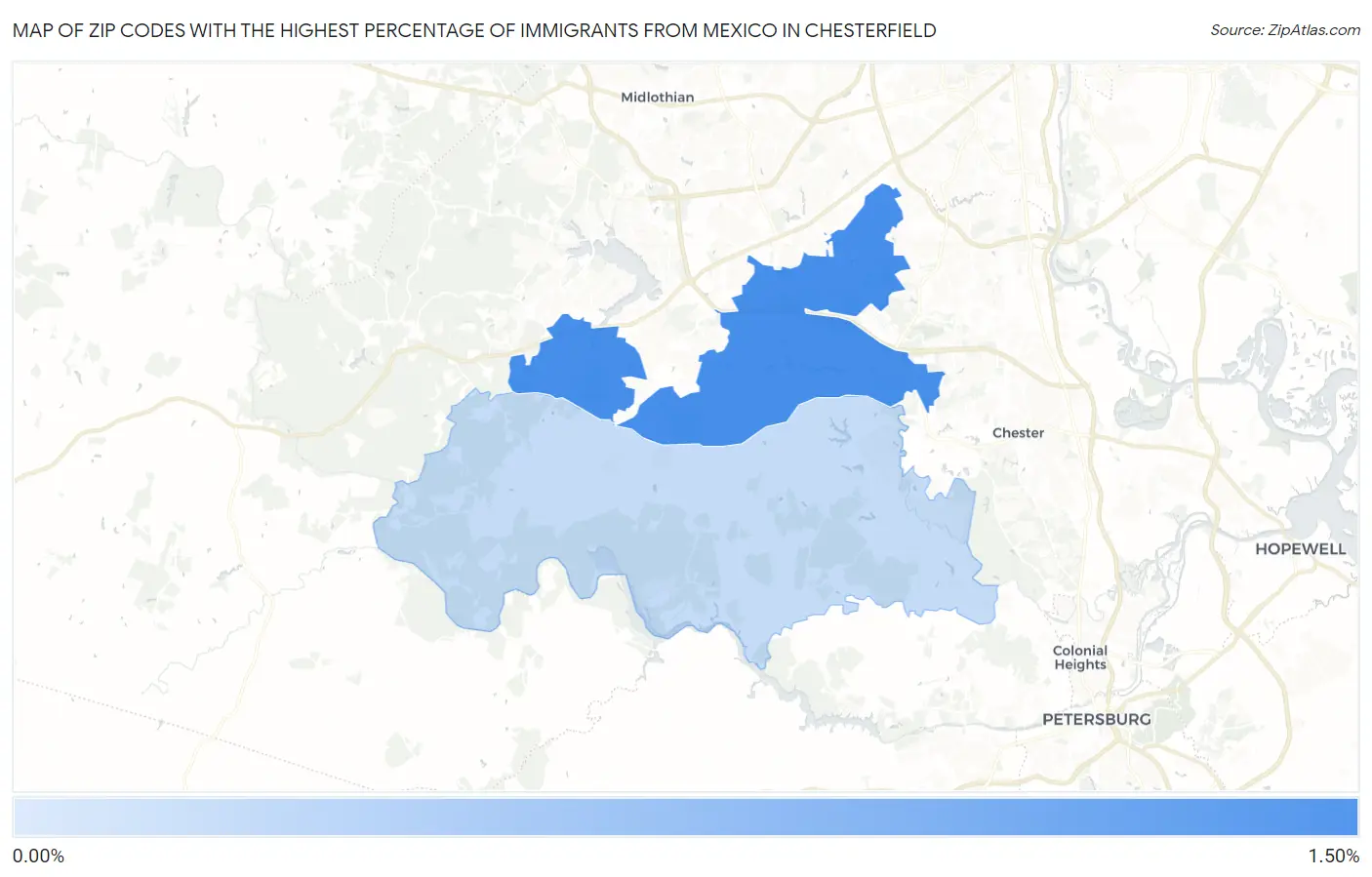 Zip Codes with the Highest Percentage of Immigrants from Mexico in Chesterfield Map