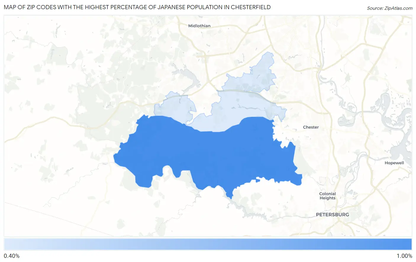Zip Codes with the Highest Percentage of Japanese Population in Chesterfield Map