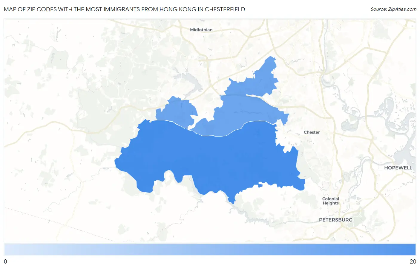 Zip Codes with the Most Immigrants from Hong Kong in Chesterfield Map