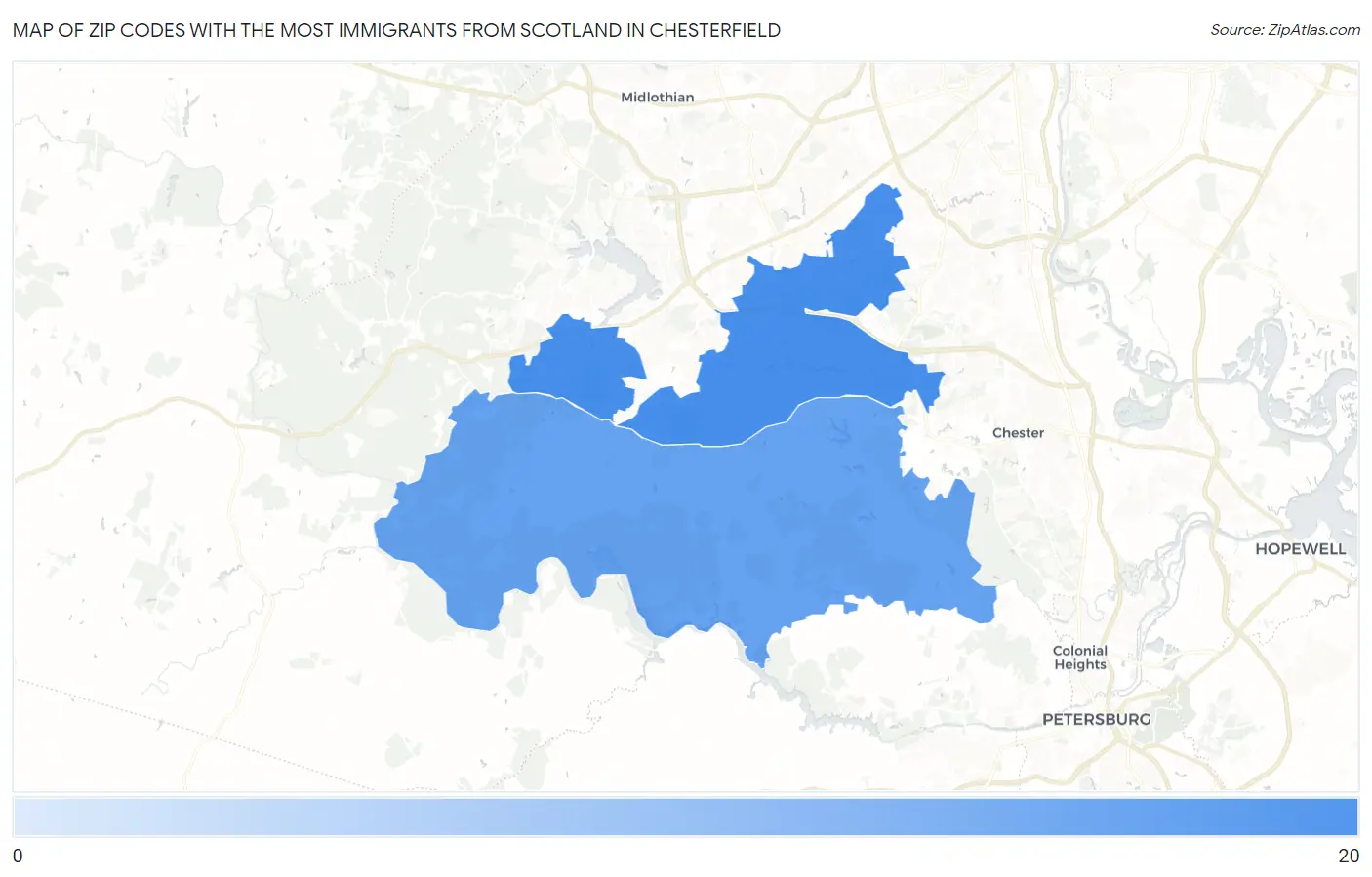 Zip Codes with the Most Immigrants from Scotland in Chesterfield Map