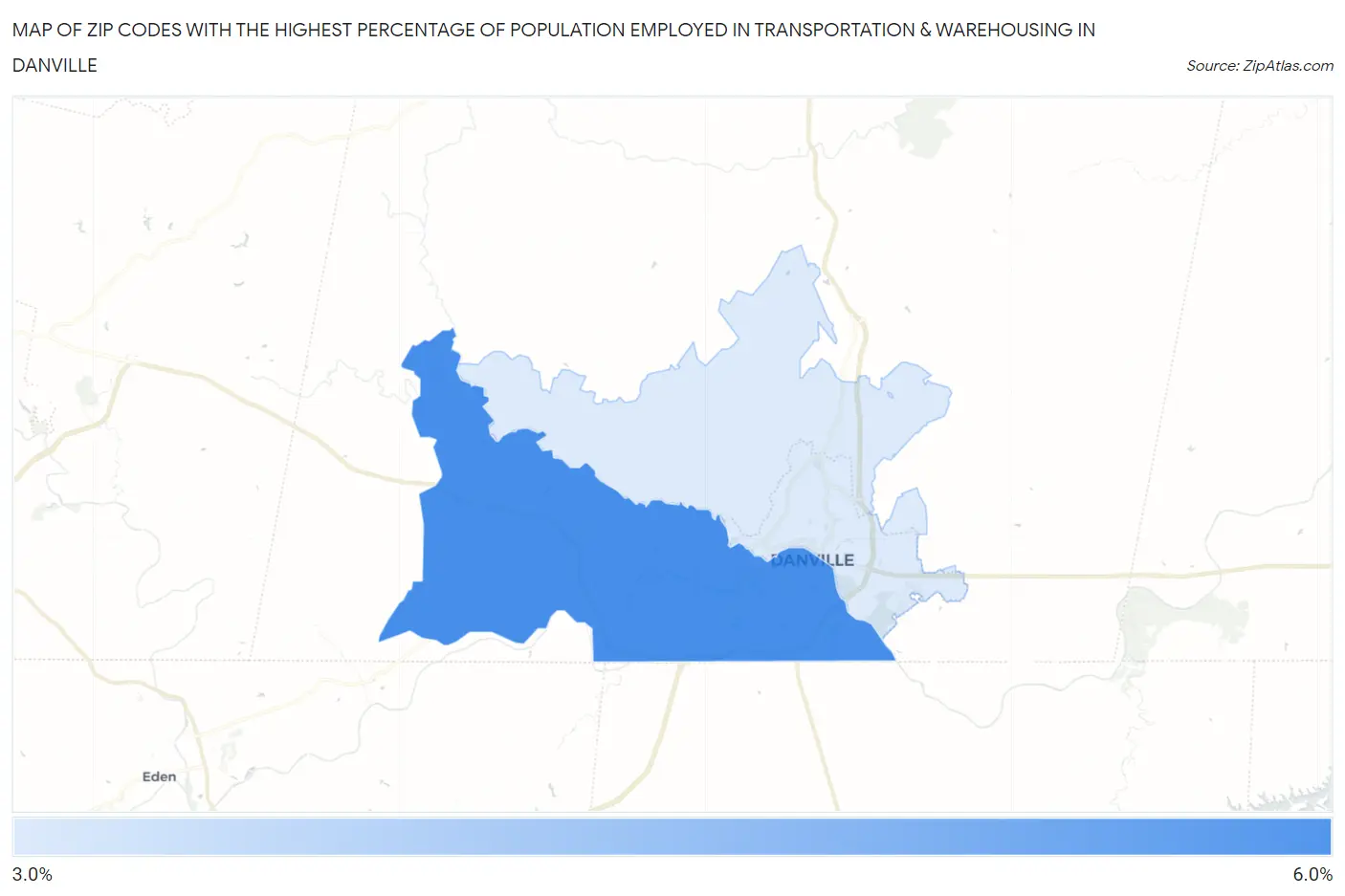 Zip Codes with the Highest Percentage of Population Employed in Transportation & Warehousing in Danville Map