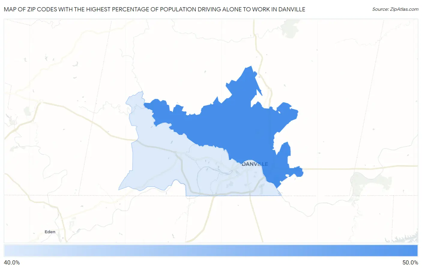 Zip Codes with the Highest Percentage of Population Driving Alone to Work in Danville Map