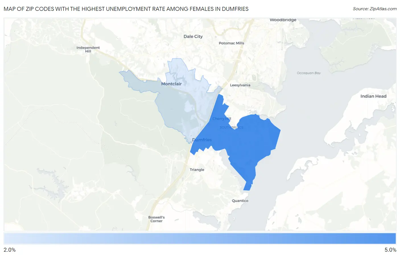 Zip Codes with the Highest Unemployment Rate Among Females in Dumfries Map