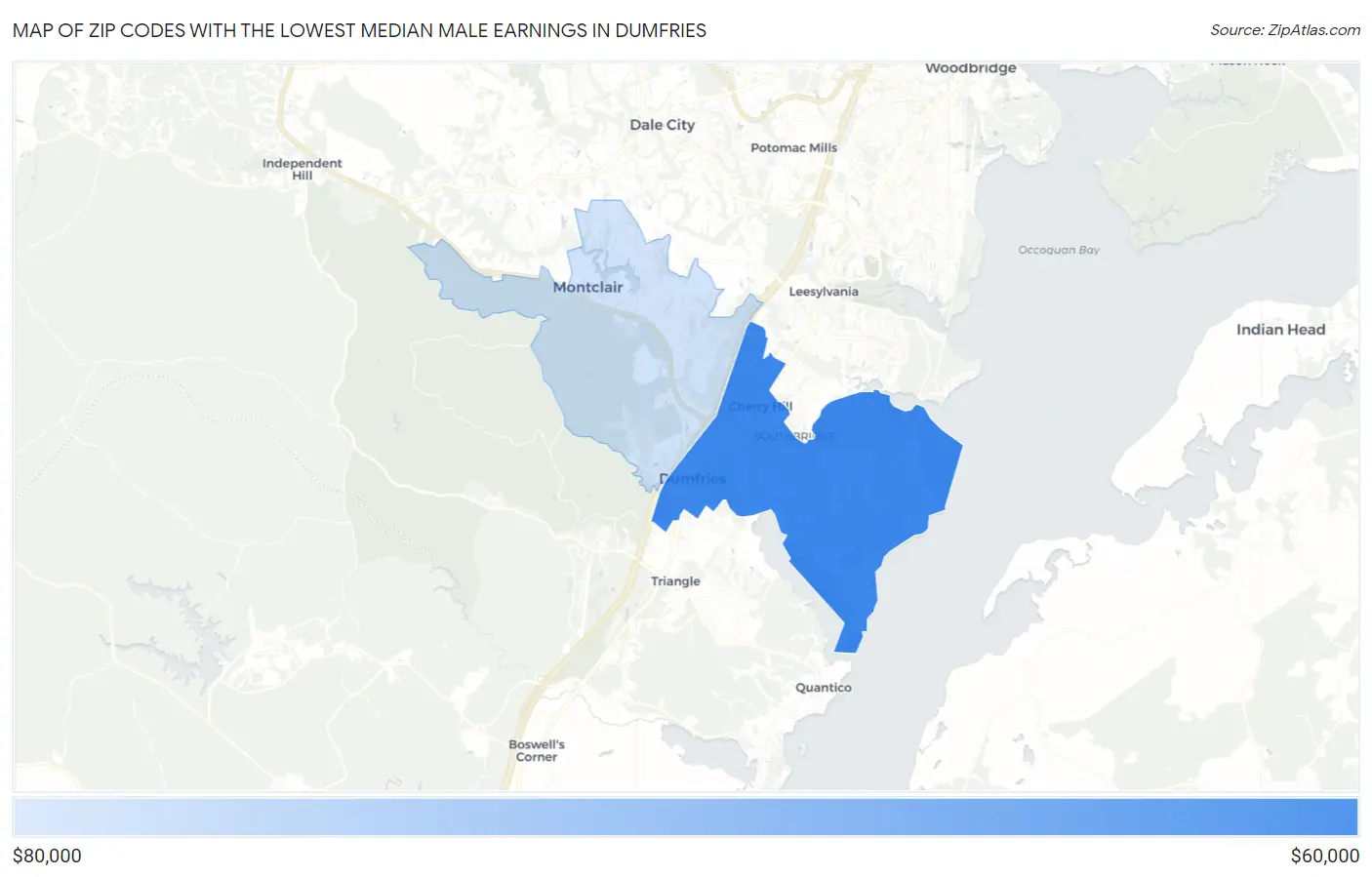 Zip Codes with the Lowest Median Male Earnings in Dumfries Map