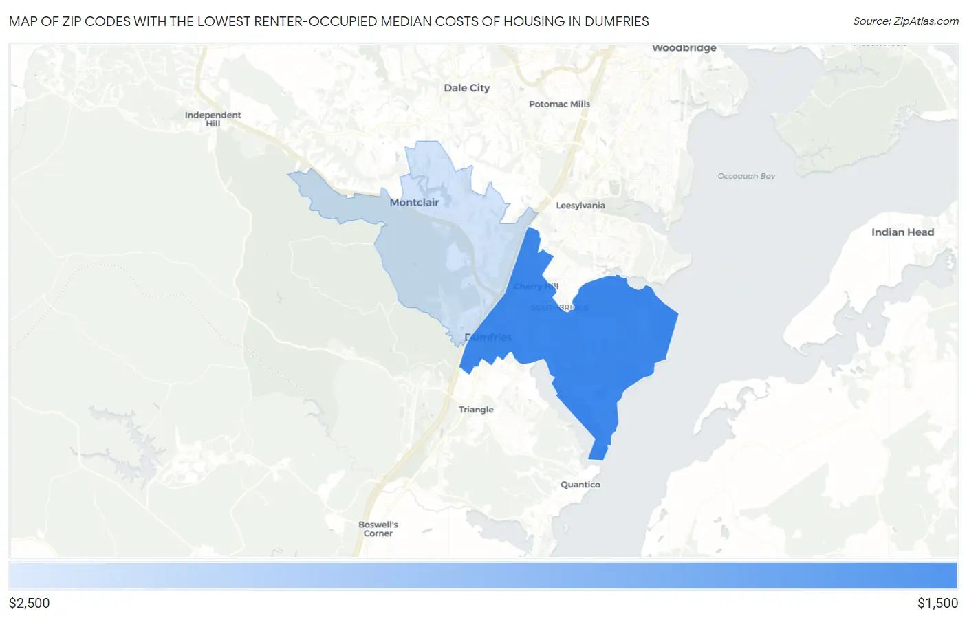 Zip Codes with the Lowest Renter-Occupied Median Costs of Housing in Dumfries Map