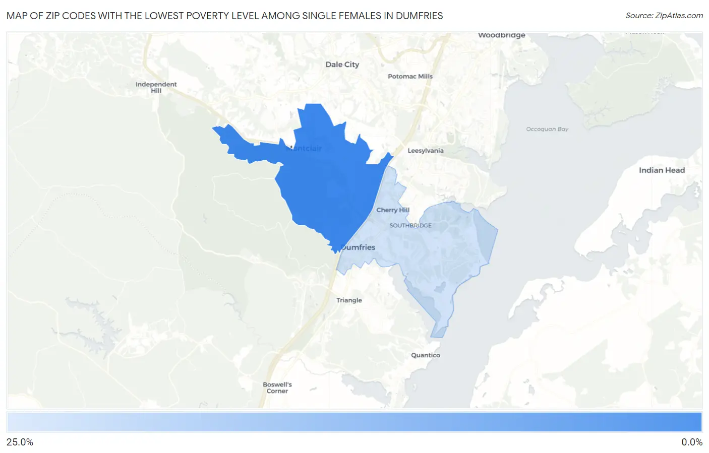 Zip Codes with the Lowest Poverty Level Among Single Females in Dumfries Map