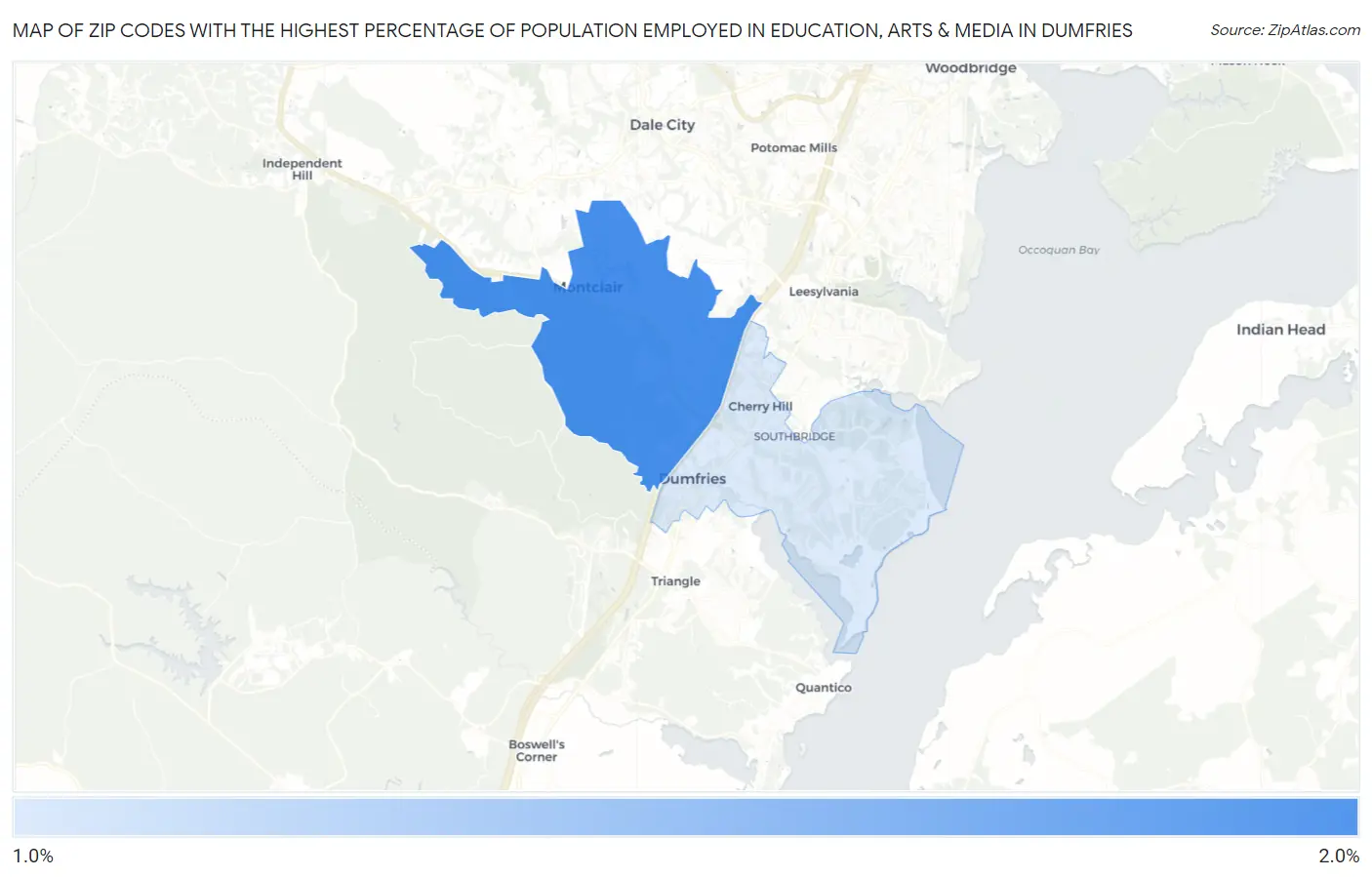 Zip Codes with the Highest Percentage of Population Employed in Education, Arts & Media in Dumfries Map
