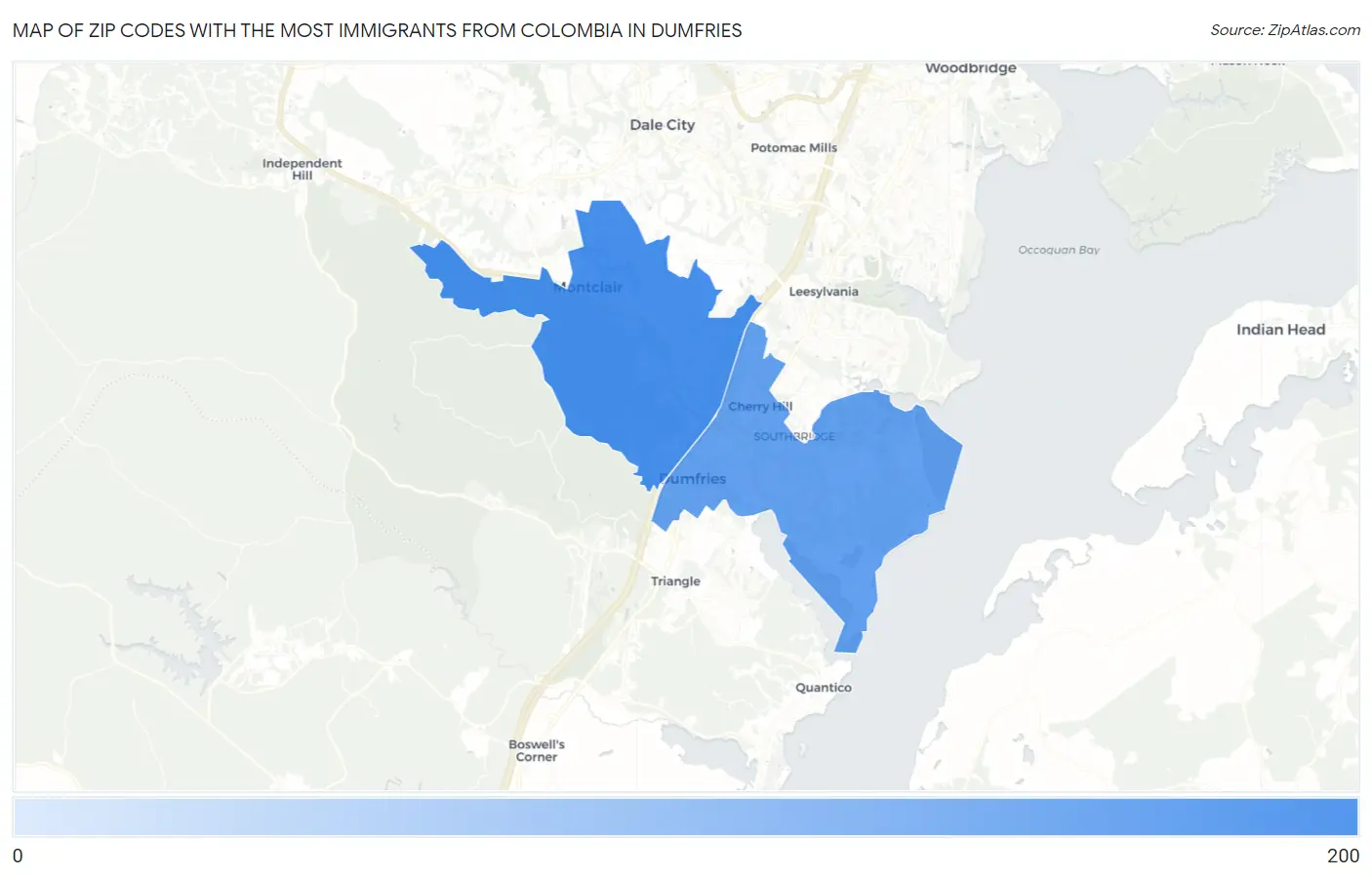 Zip Codes with the Most Immigrants from Colombia in Dumfries Map