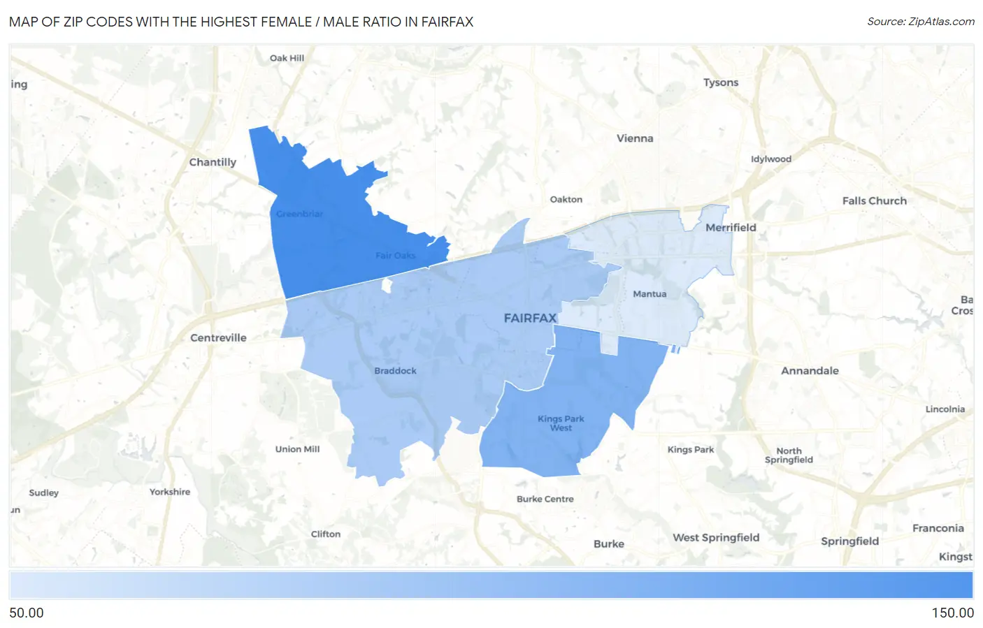 Zip Codes with the Highest Female / Male Ratio in Fairfax Map