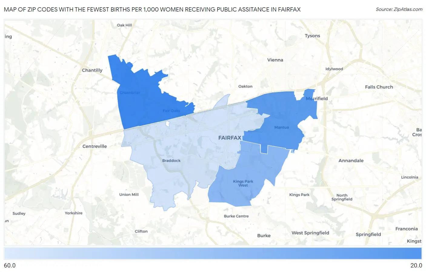 Zip Codes with the Fewest Births per 1,000 Women Receiving Public Assitance in Fairfax Map