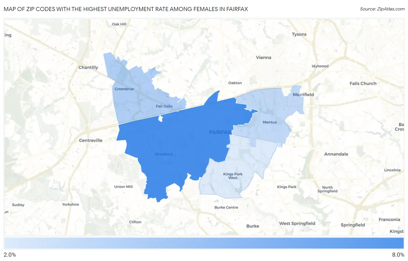 Zip Codes with the Highest Unemployment Rate Among Females in Fairfax Map