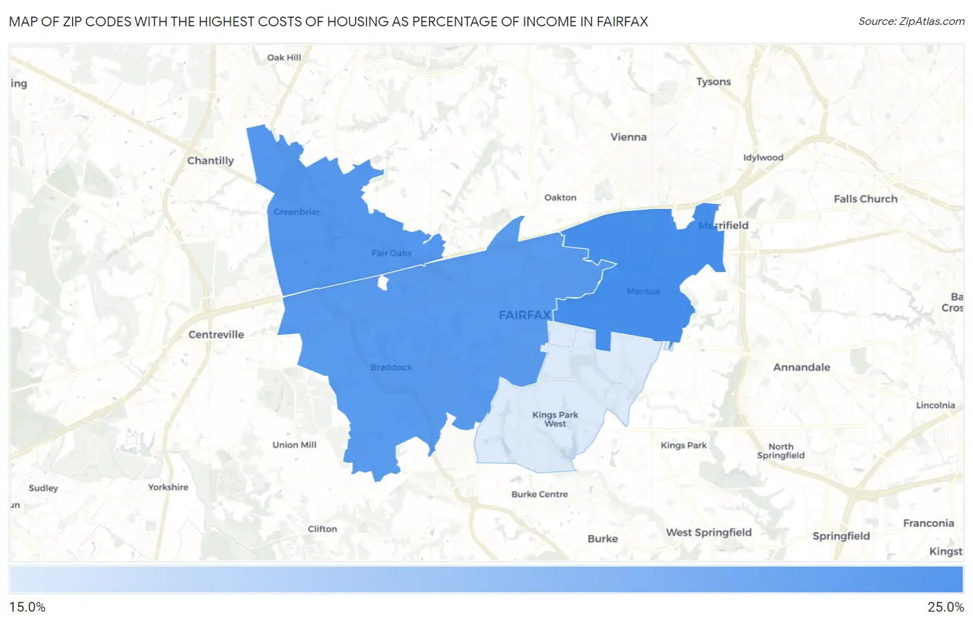 Zip Codes with the Highest Costs of Housing as Percentage of Income in Fairfax Map