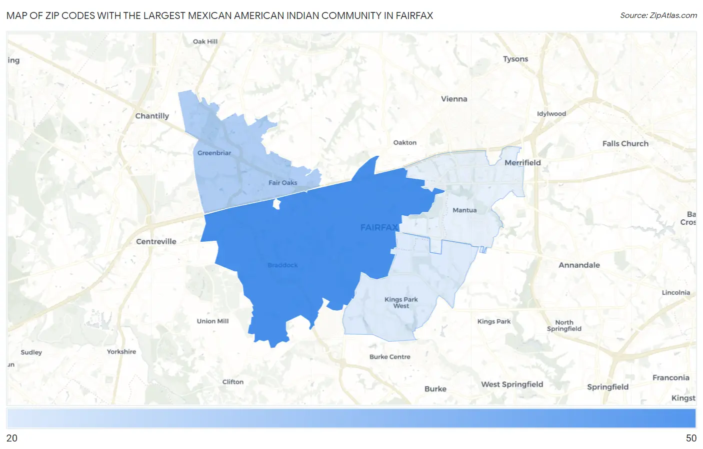 Zip Codes with the Largest Mexican American Indian Community in Fairfax Map
