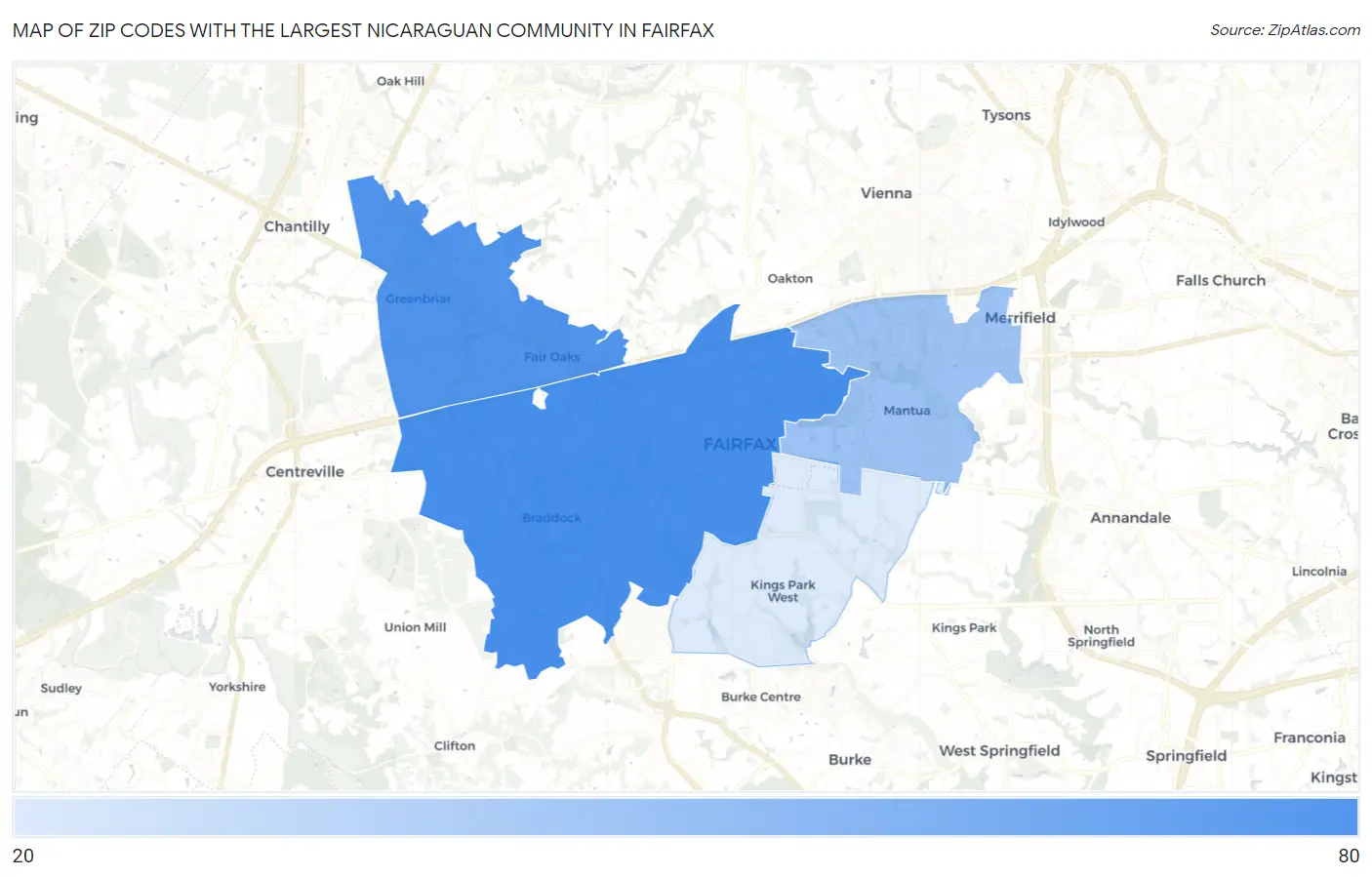 Zip Codes with the Largest Nicaraguan Community in Fairfax Map