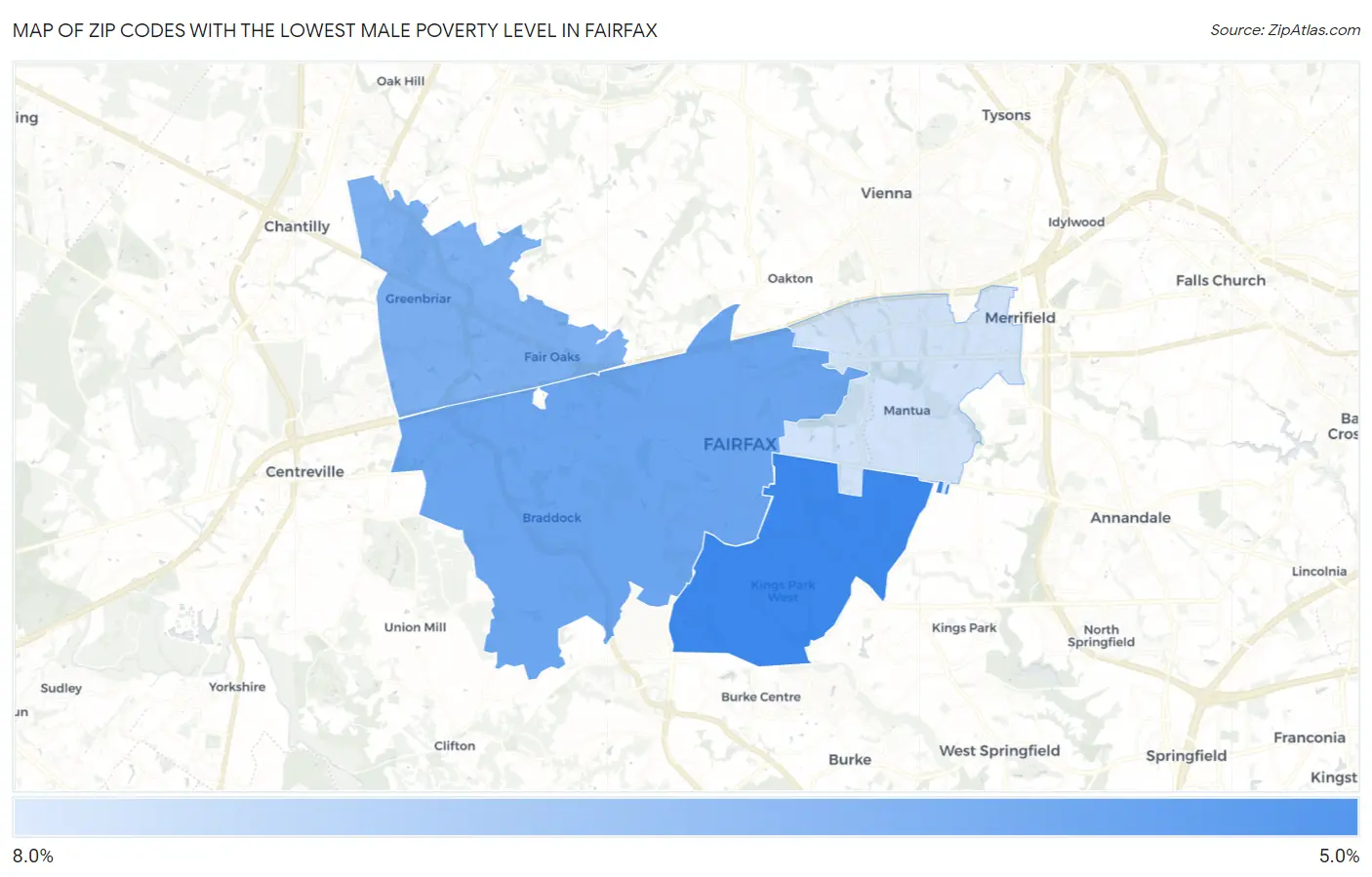 Zip Codes with the Lowest Male Poverty Level in Fairfax Map