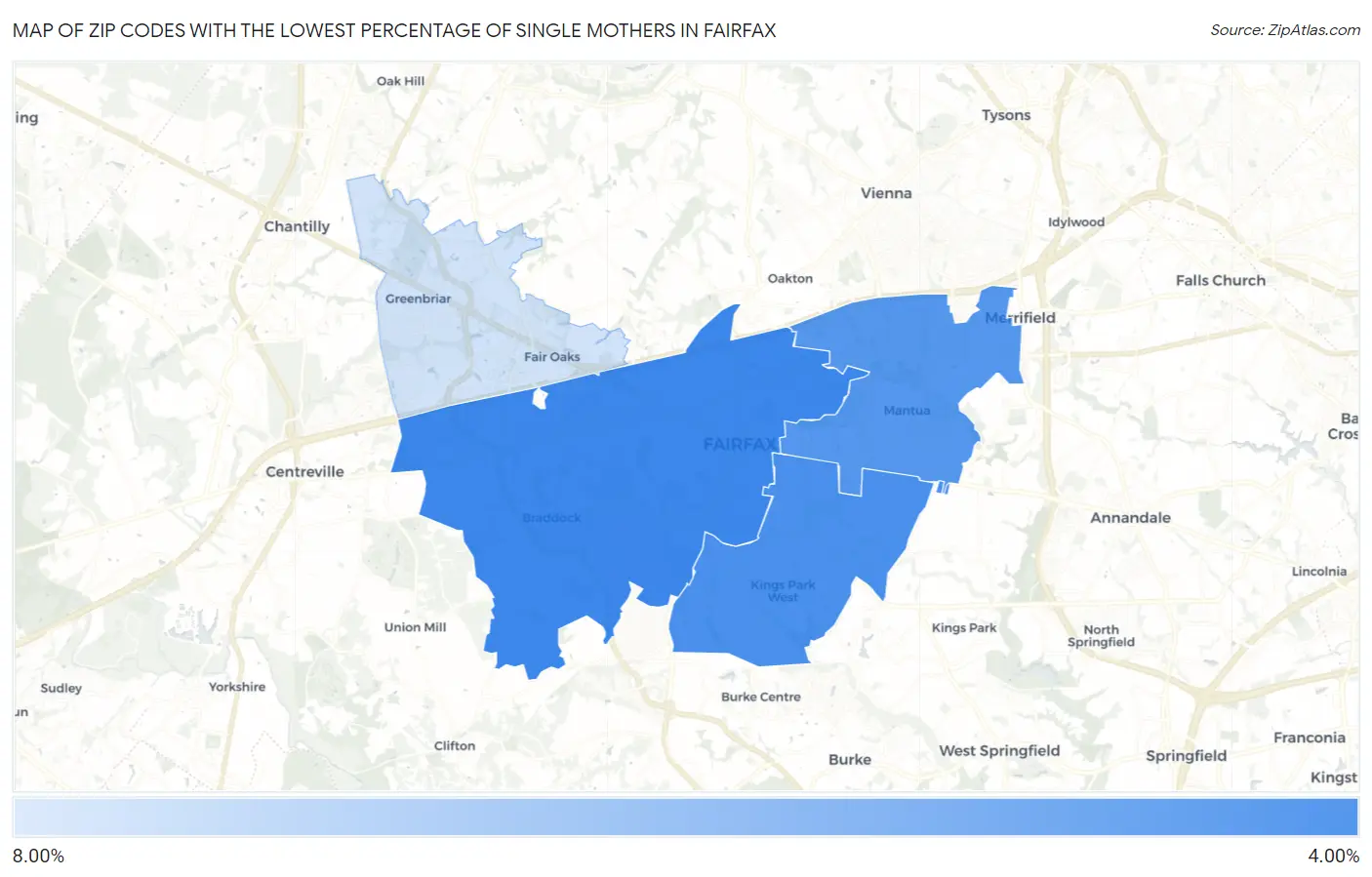 Zip Codes with the Lowest Percentage of Single Mothers in Fairfax Map