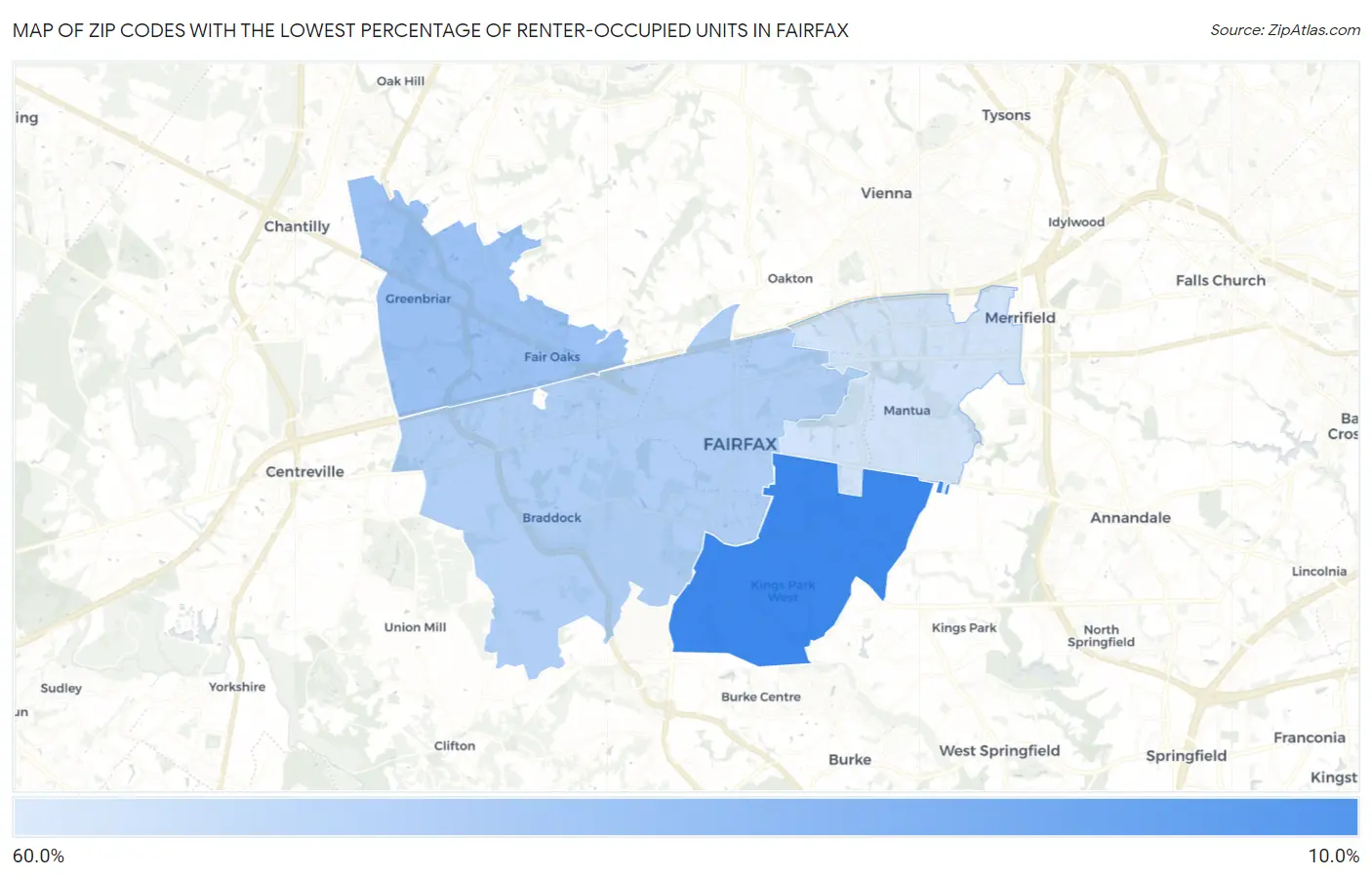 Zip Codes with the Lowest Percentage of Renter-Occupied Units in Fairfax Map
