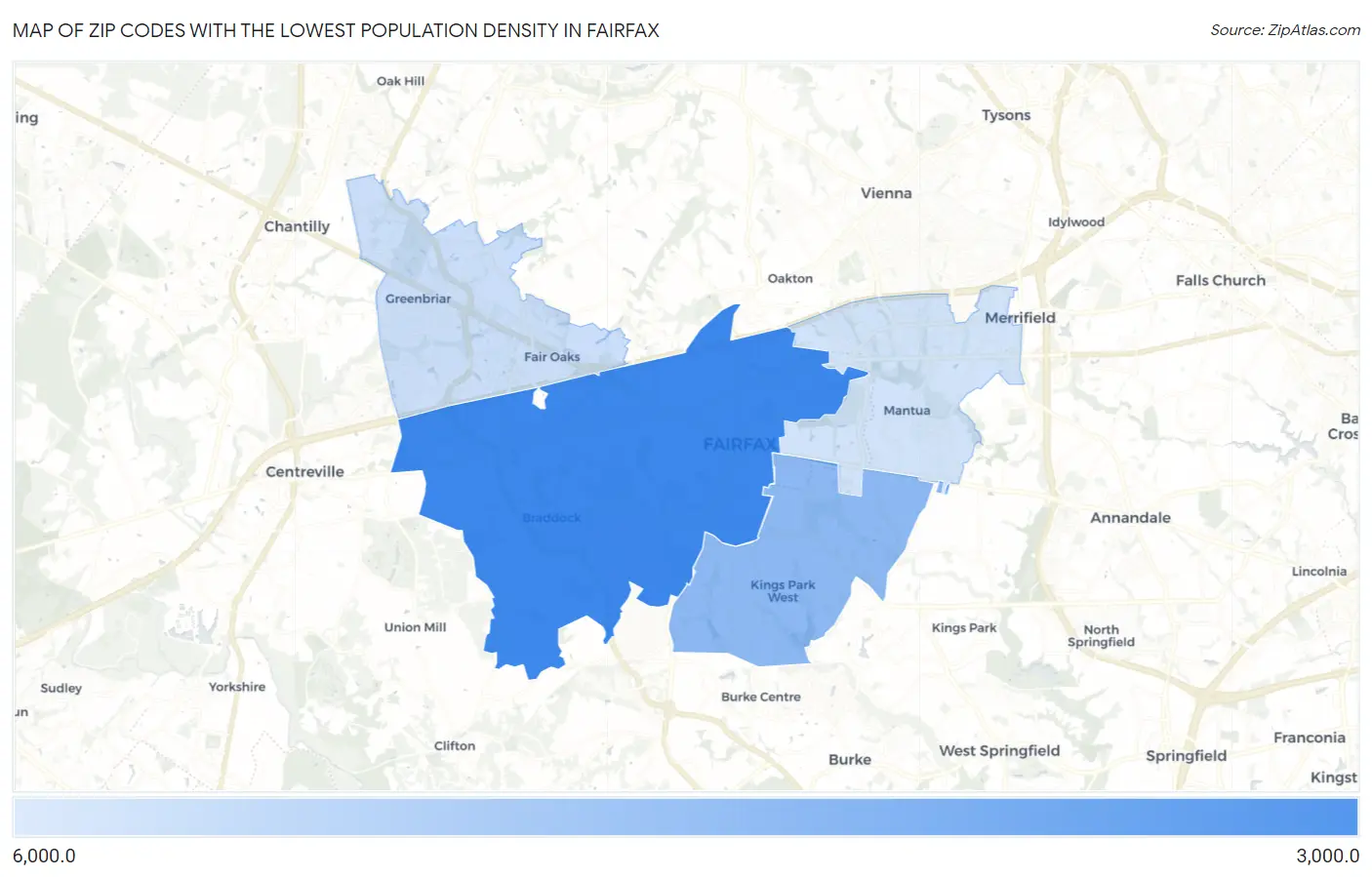 Zip Codes with the Lowest Population Density in Fairfax Map