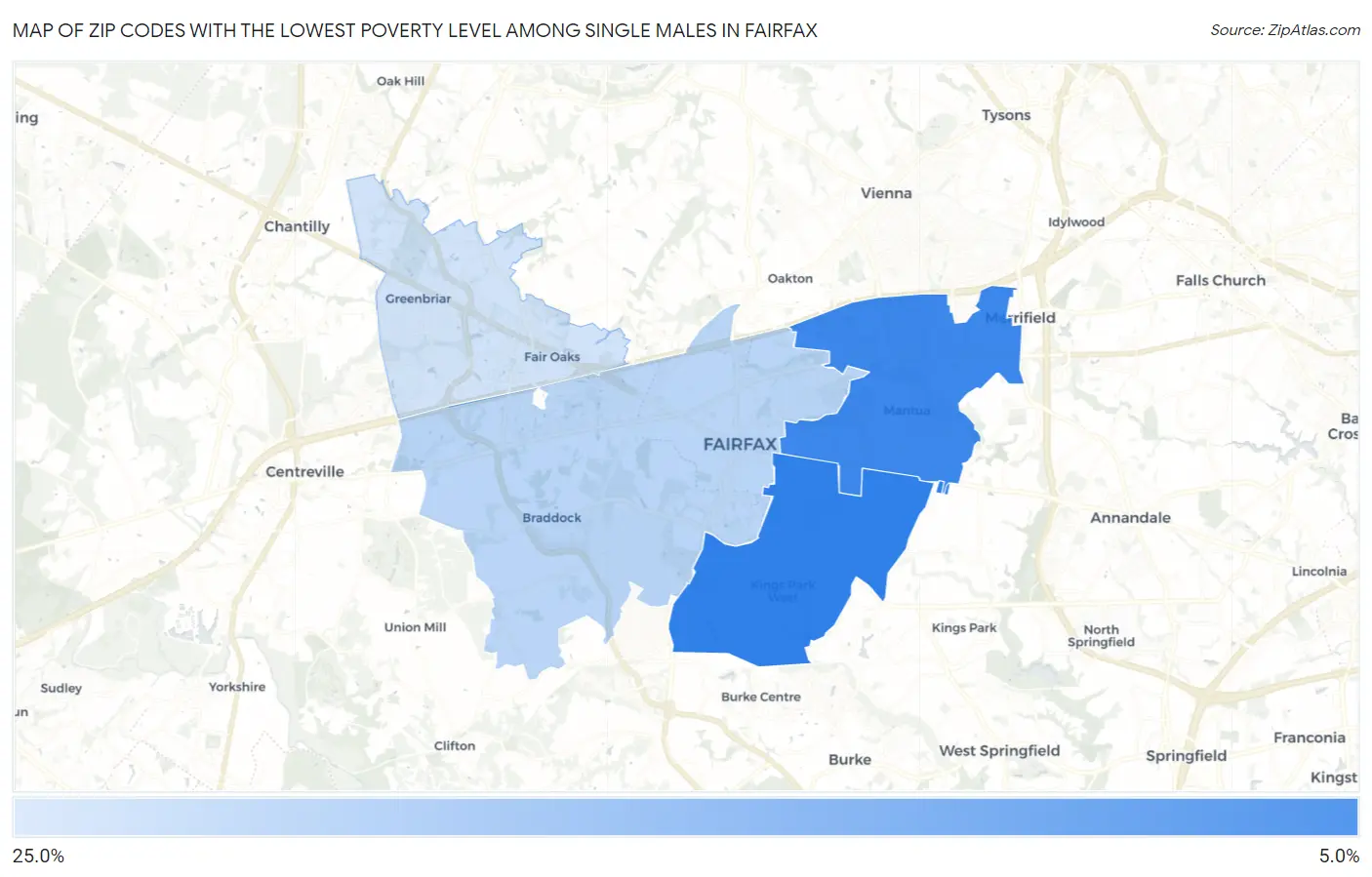 Zip Codes with the Lowest Poverty Level Among Single Males in Fairfax Map
