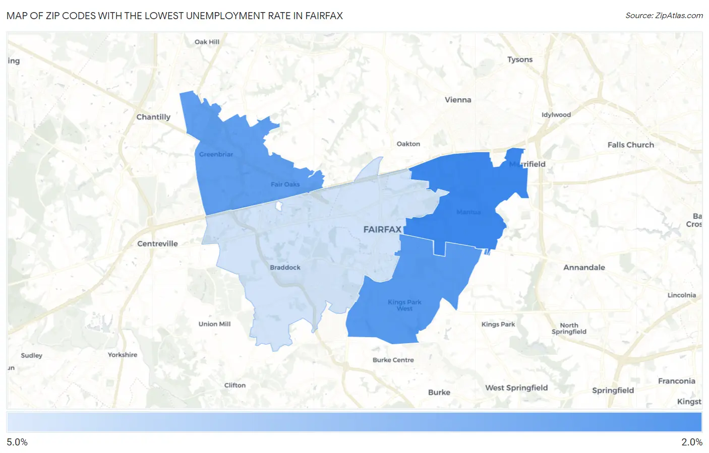 Zip Codes with the Lowest Unemployment Rate in Fairfax Map