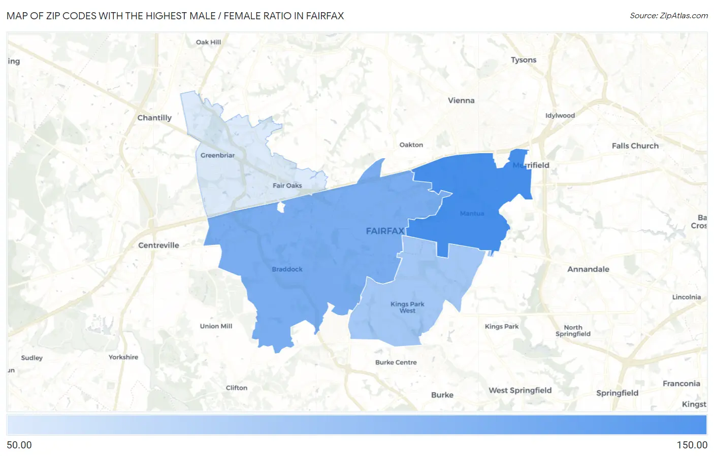 Zip Codes with the Highest Male / Female Ratio in Fairfax Map
