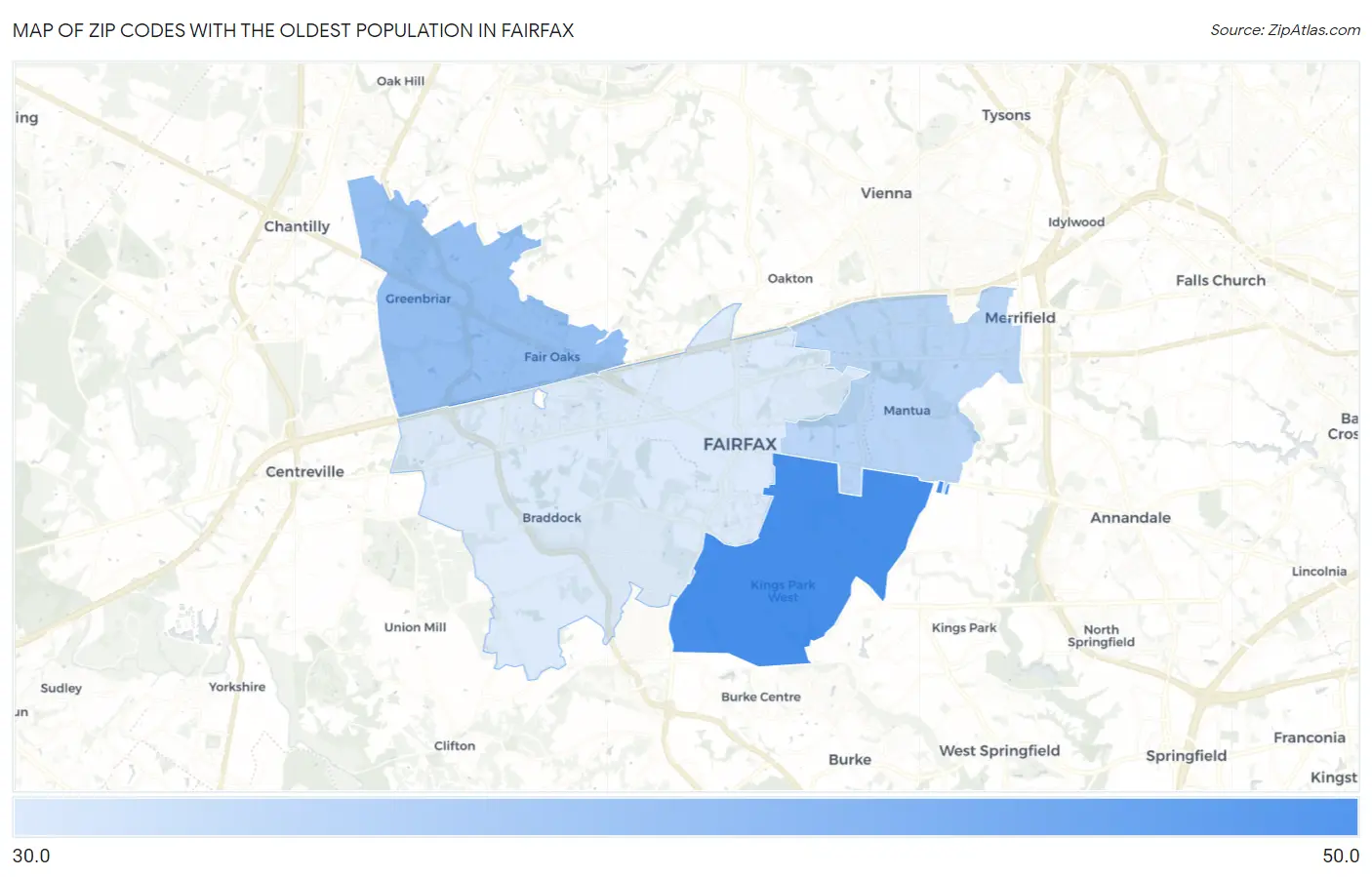 Zip Codes with the Oldest Population in Fairfax Map