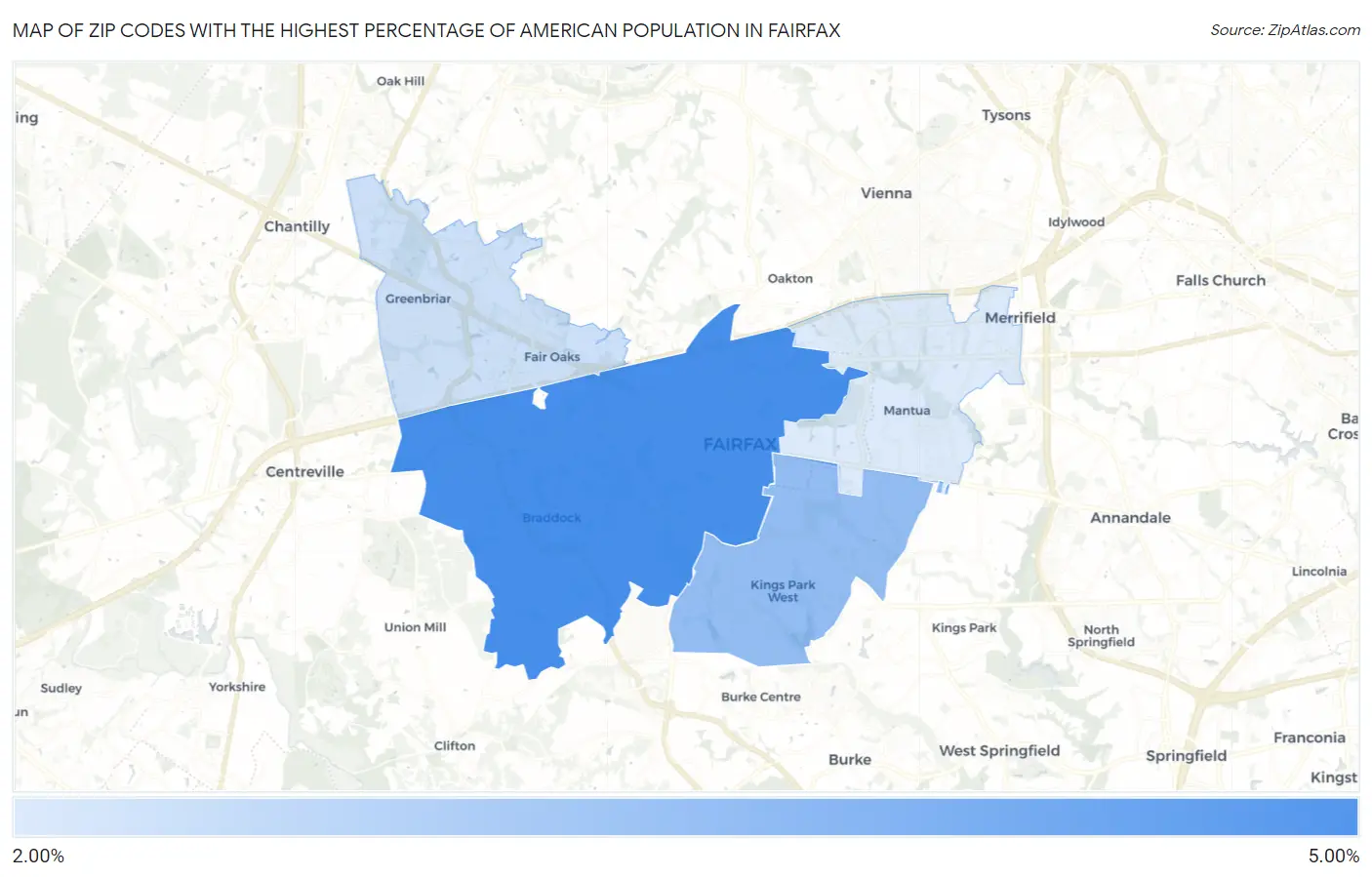 Zip Codes with the Highest Percentage of American Population in Fairfax Map