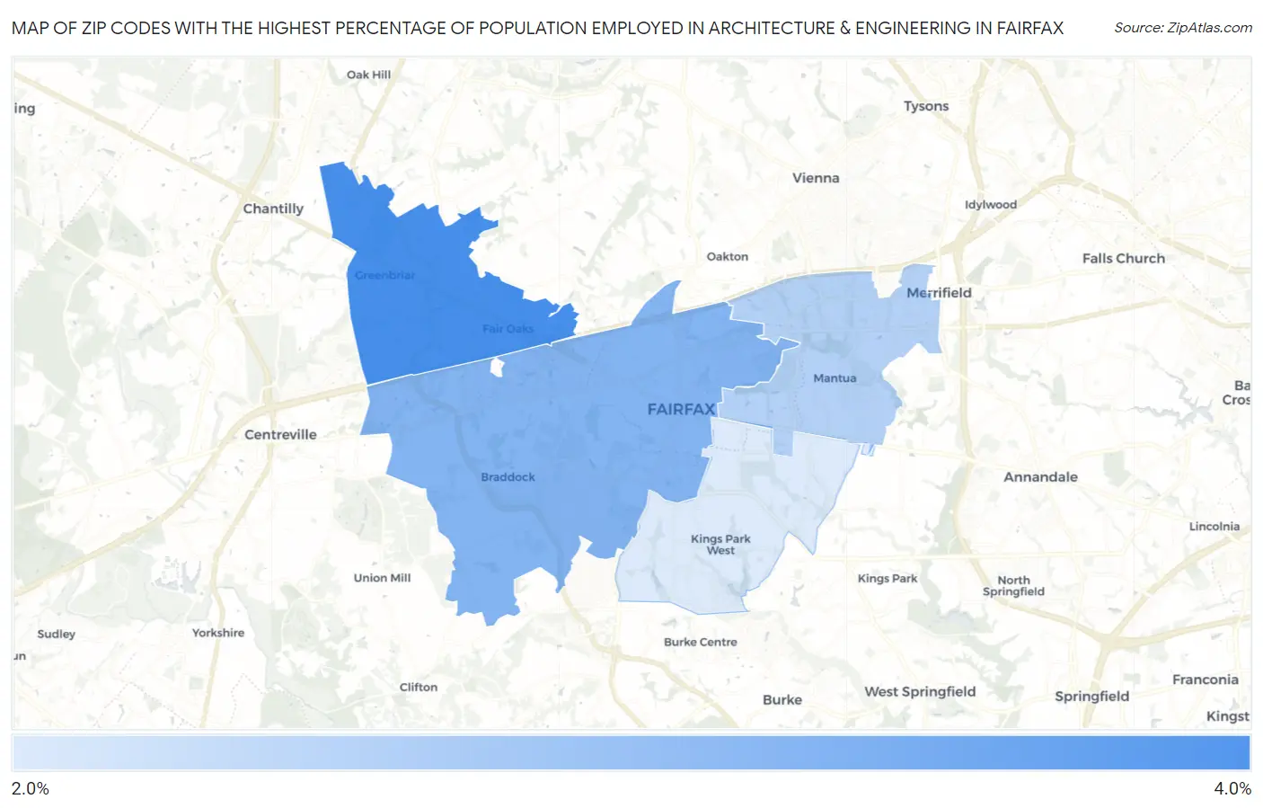 Zip Codes with the Highest Percentage of Population Employed in Architecture & Engineering in Fairfax Map