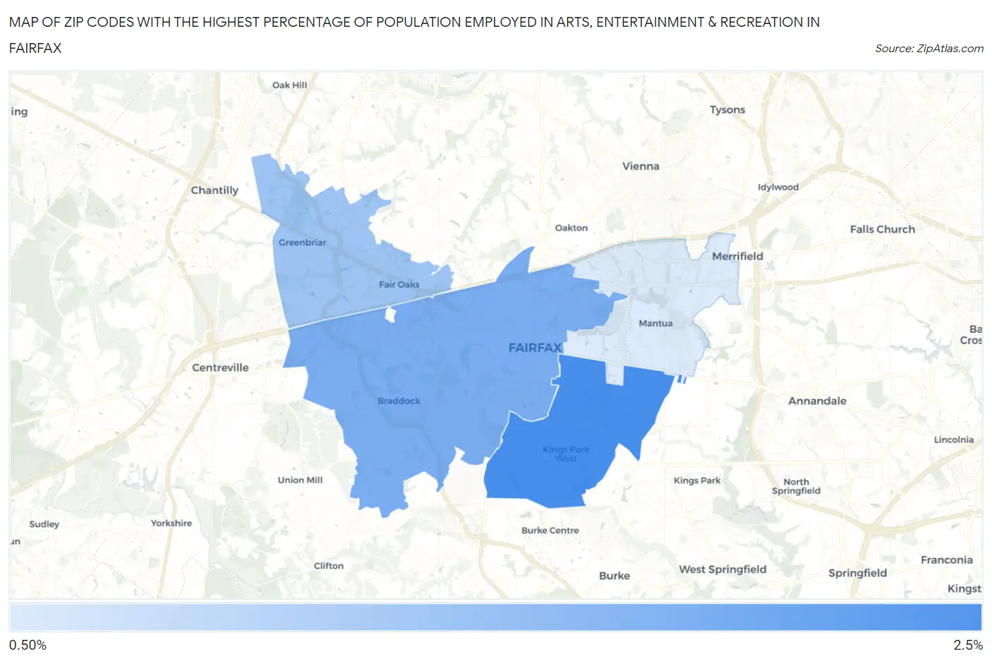 Zip Codes with the Highest Percentage of Population Employed in Arts, Entertainment & Recreation in Fairfax Map