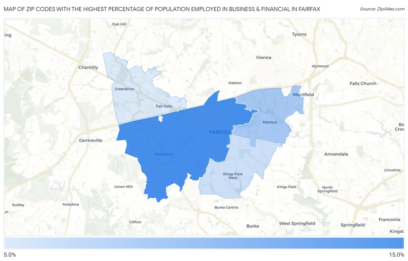 Zip Codes with the Highest Percentage of Population Employed in Business & Financial in Fairfax Map
