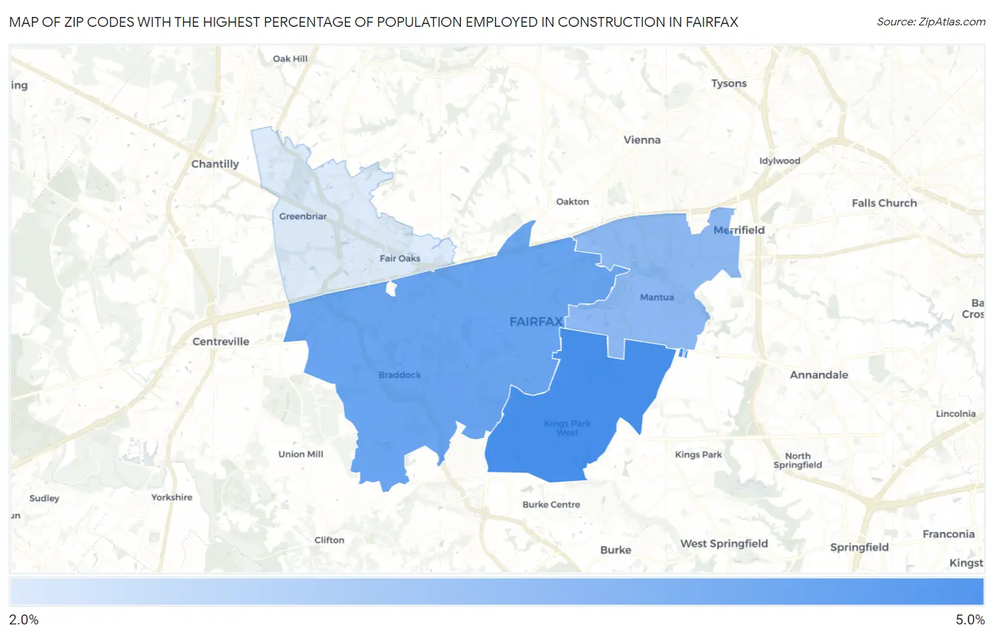 Zip Codes with the Highest Percentage of Population Employed in Construction in Fairfax Map