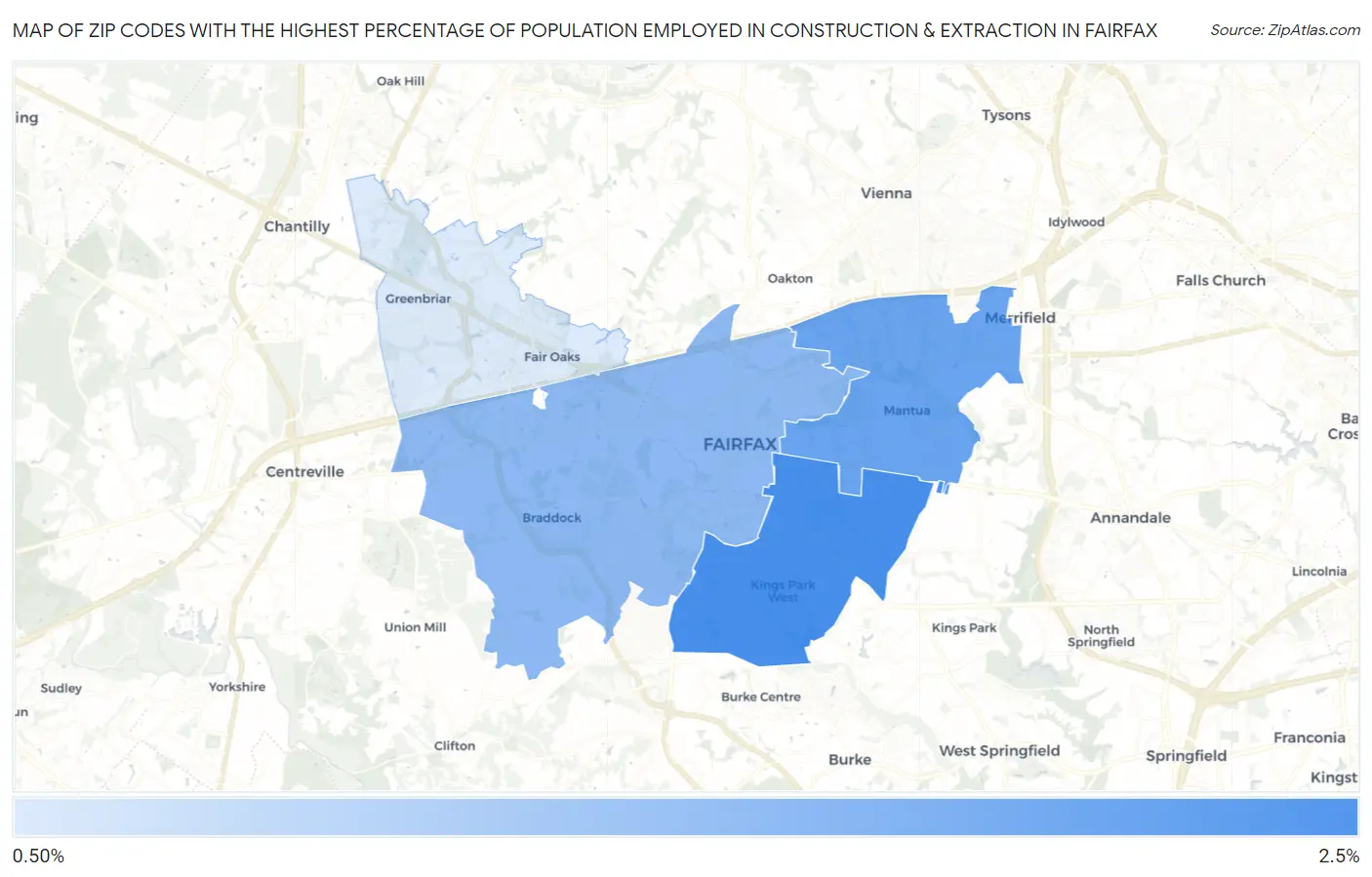 Zip Codes with the Highest Percentage of Population Employed in Construction & Extraction in Fairfax Map
