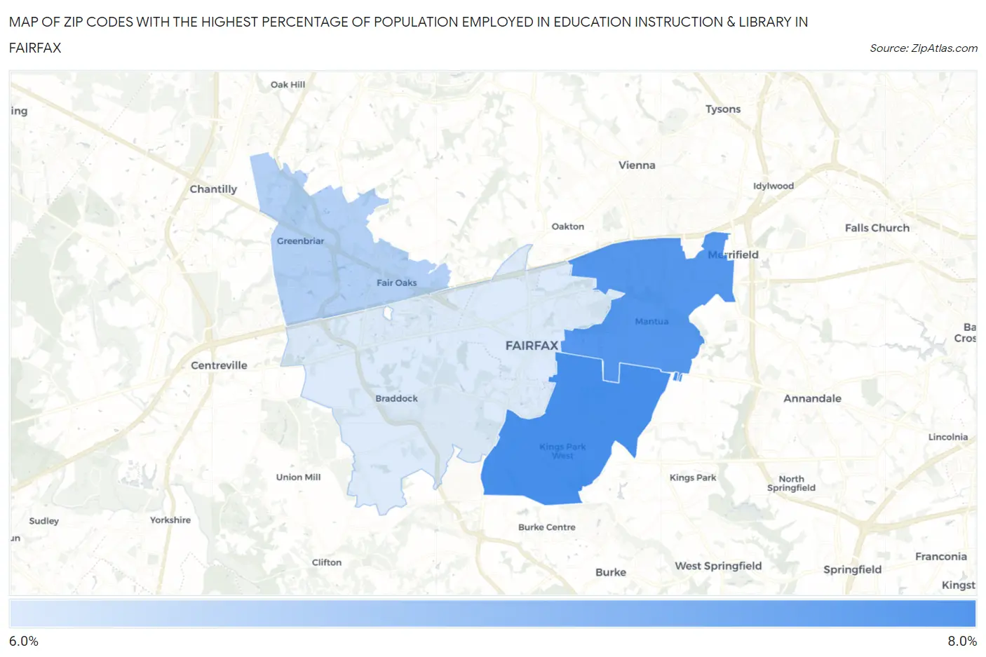Zip Codes with the Highest Percentage of Population Employed in Education Instruction & Library in Fairfax Map