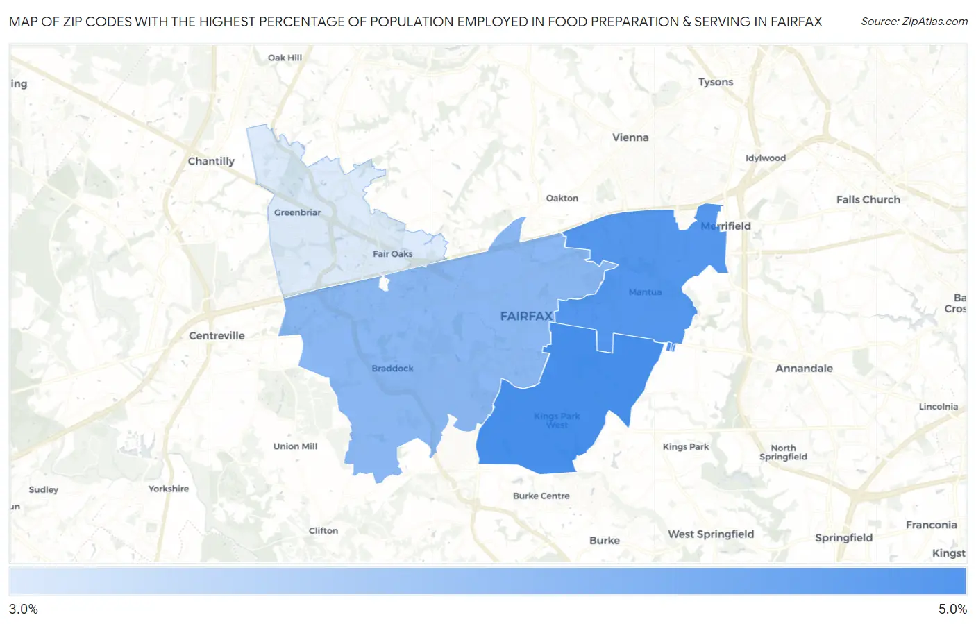 Zip Codes with the Highest Percentage of Population Employed in Food Preparation & Serving in Fairfax Map