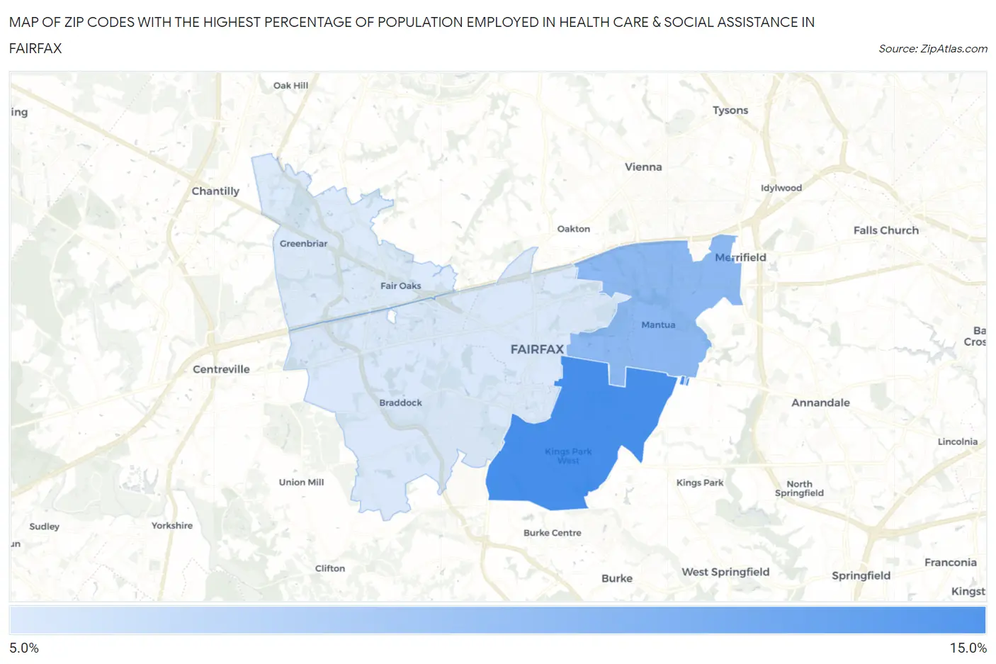 Zip Codes with the Highest Percentage of Population Employed in Health Care & Social Assistance in Fairfax Map