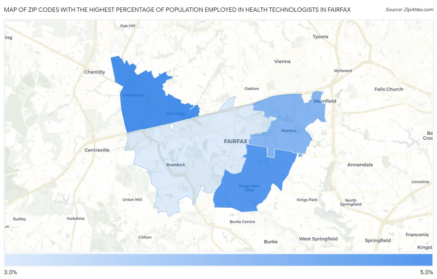 Zip Codes with the Highest Percentage of Population Employed in Health Technologists in Fairfax Map