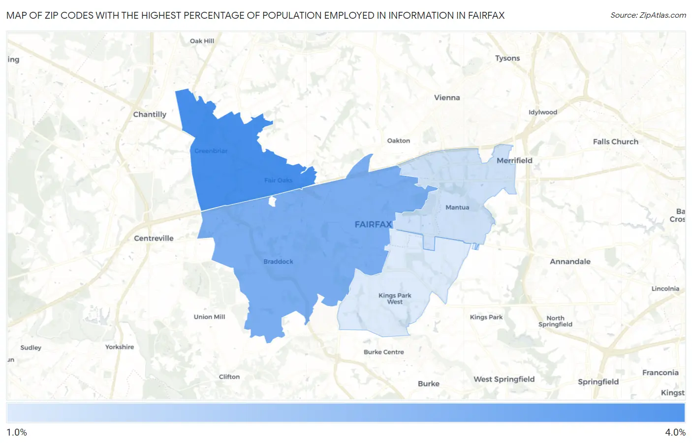 Zip Codes with the Highest Percentage of Population Employed in Information in Fairfax Map