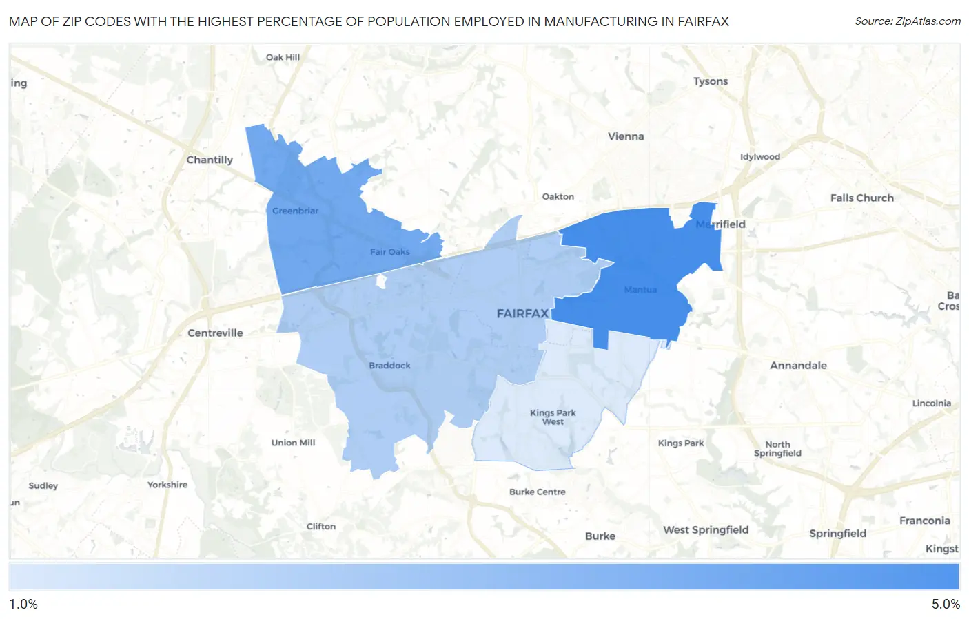 Zip Codes with the Highest Percentage of Population Employed in Manufacturing in Fairfax Map