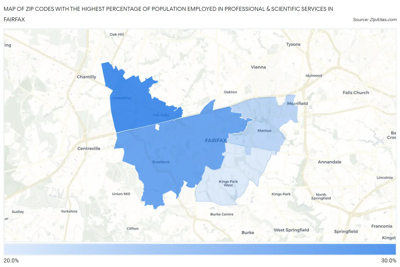 Zip Codes with the Highest Percentage of Population Employed in Professional & Scientific Services in Fairfax Map