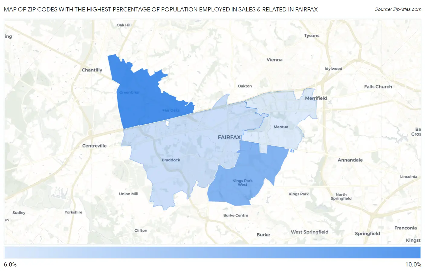 Zip Codes with the Highest Percentage of Population Employed in Sales & Related in Fairfax Map