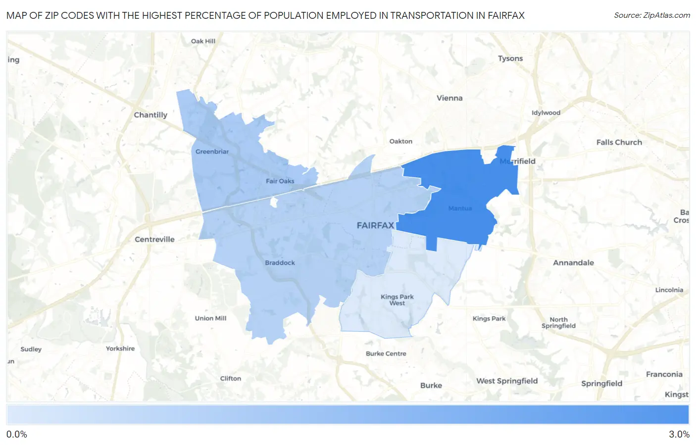 Zip Codes with the Highest Percentage of Population Employed in Transportation in Fairfax Map