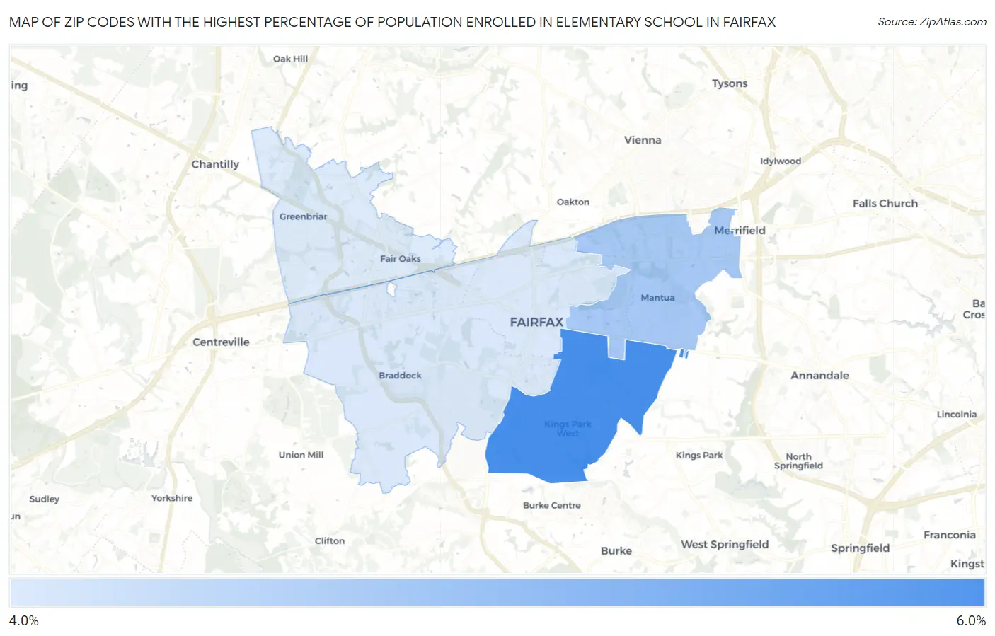 Zip Codes with the Highest Percentage of Population Enrolled in Elementary School in Fairfax Map