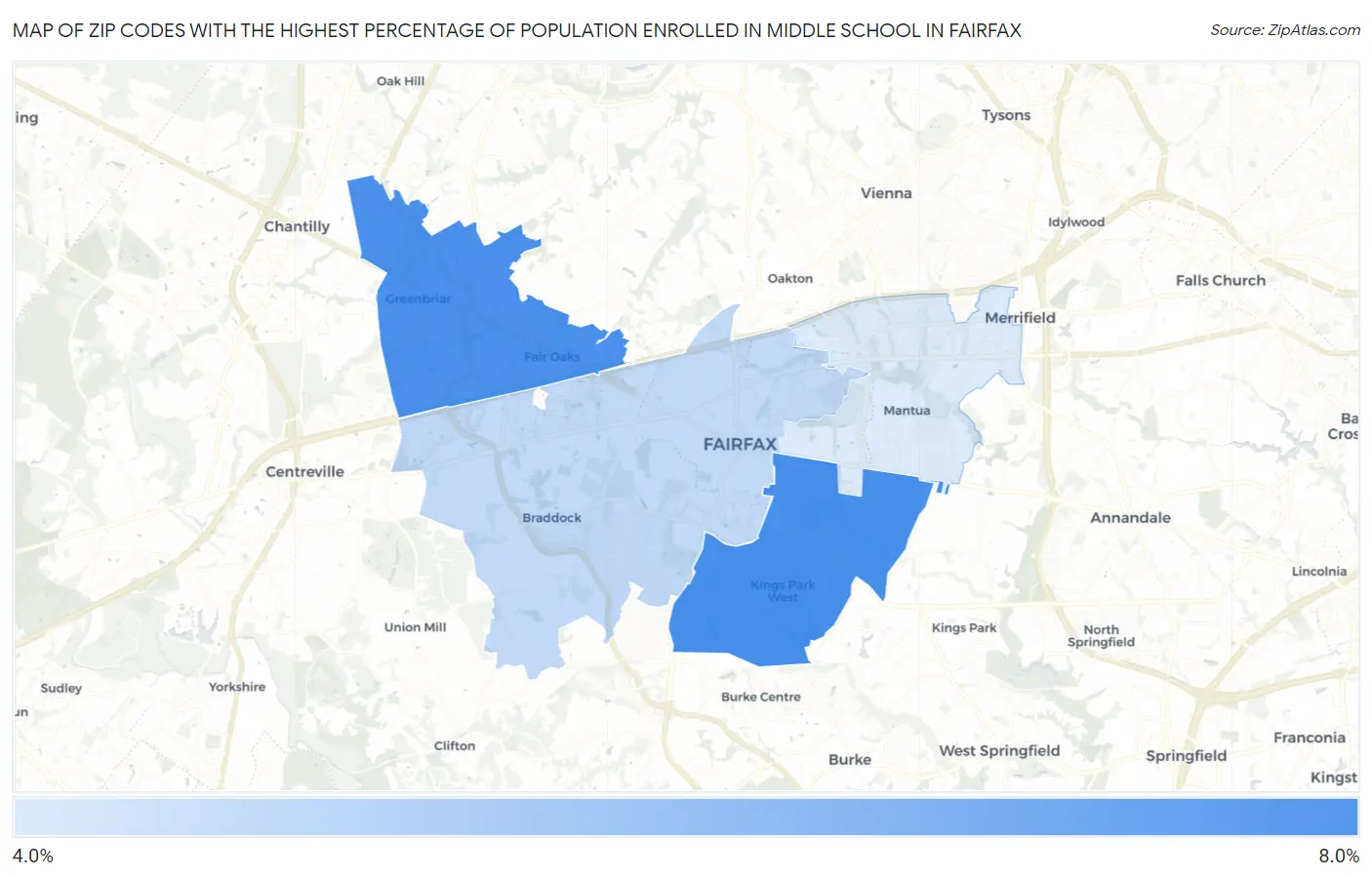 Zip Codes with the Highest Percentage of Population Enrolled in Middle School in Fairfax Map