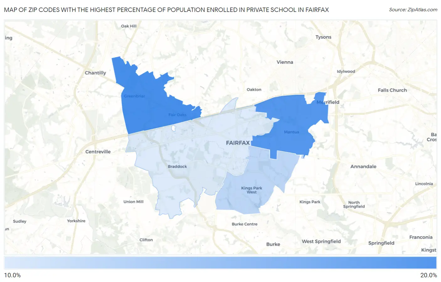 Zip Codes with the Highest Percentage of Population Enrolled in Private School in Fairfax Map